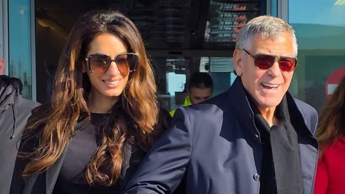 George Clooney, 64, holds hands with his chic wife Amal, 47, as they arrive in Milan for the Winter Olympics opening ceremony
