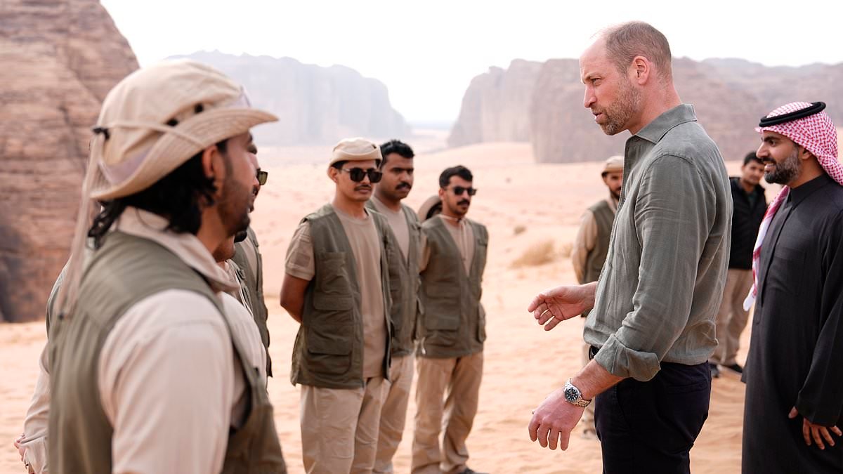 King of the desert! Prince William visits spectacular dunes on final day of Saudi Arabia tour overshadowed by Jeffrey Epstein scandal
