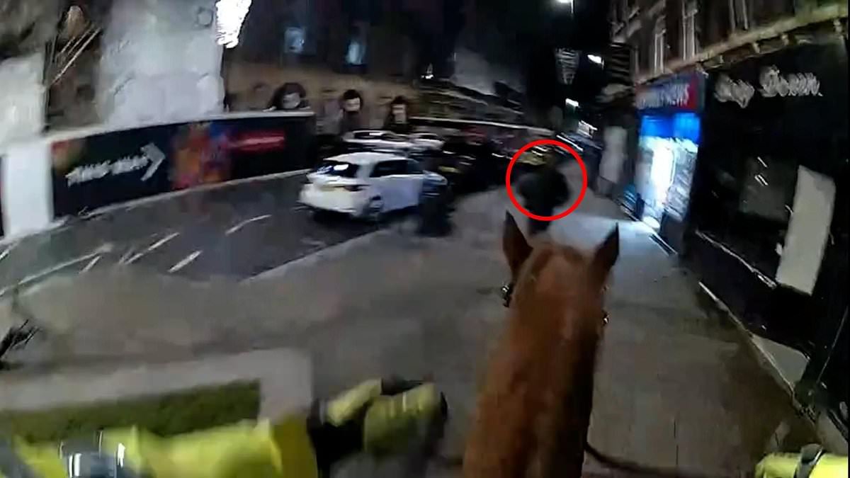 Hold your horses! Moment mounted police officer detains wanted man after high speed chase through town centre