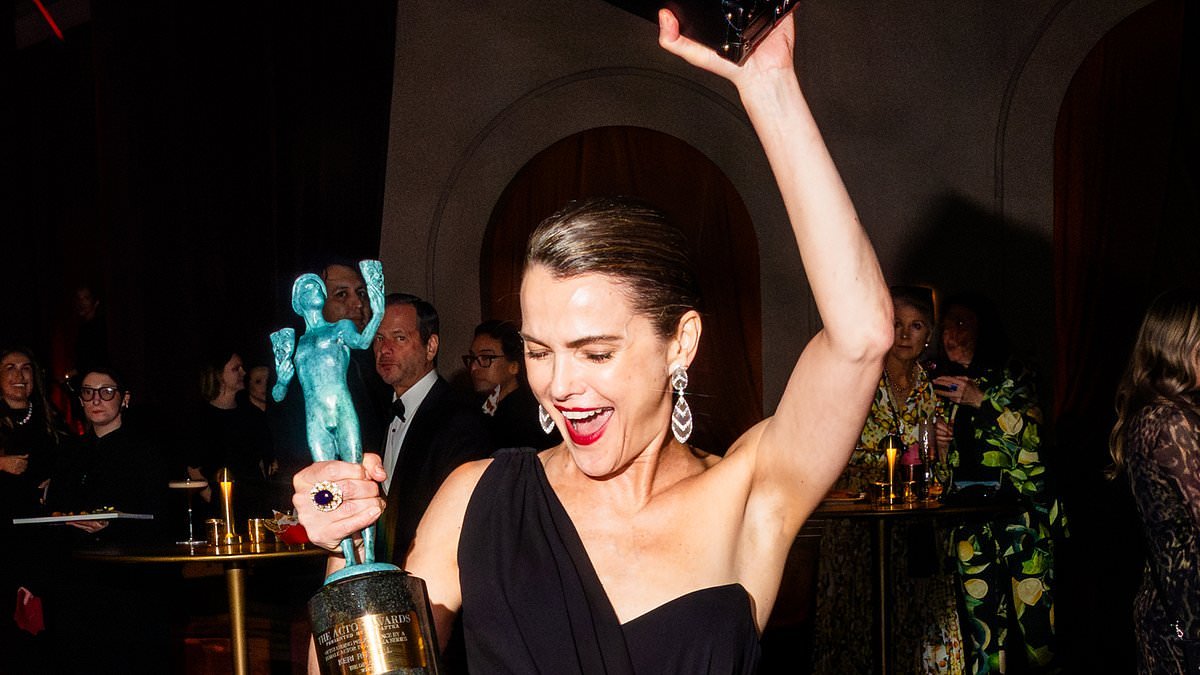 Keri Russell boogies and celebrates her win with a glass of red wine as Kate Hudson hits the champagne and Sarah Pidgeon kicks off her shoes at boozy Netflix Actor Awards afterparty