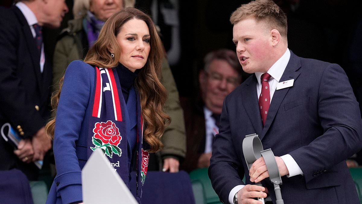 Kate keeps calm and carries on: Princess of Wales cheers on England in Six Nations rugby match as Royal Family reels from Andrew arrest