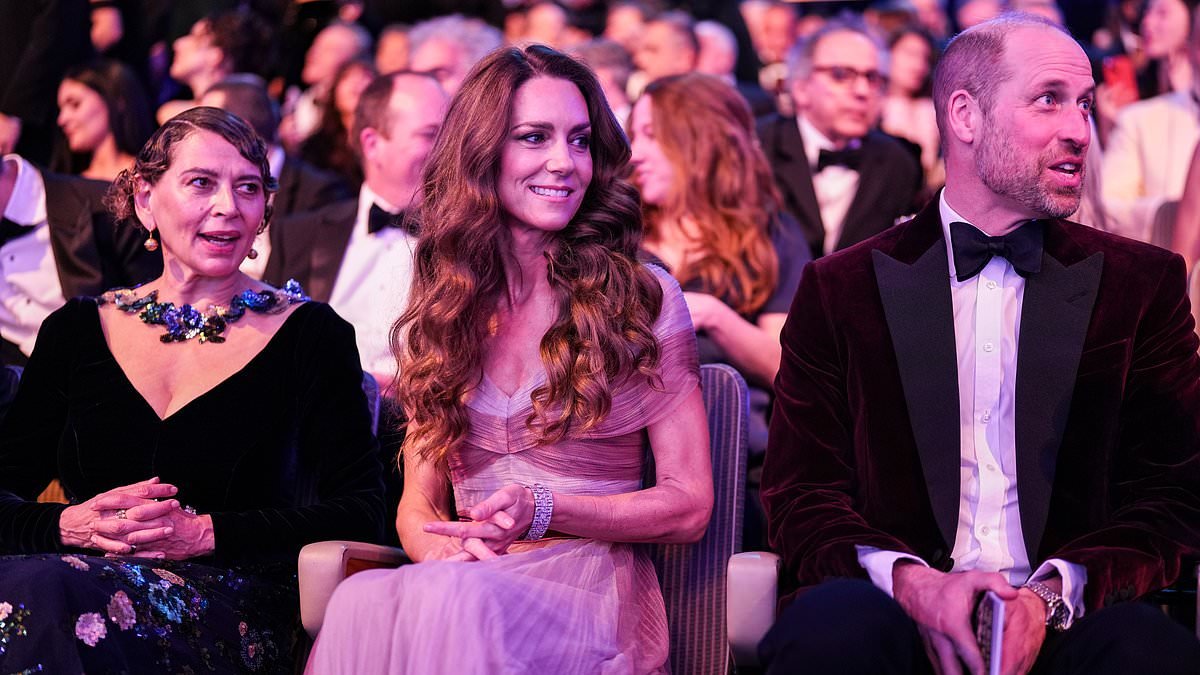 Prince William delivers speech at the BAFTAs about Britain's 'greatest strength' as he and Princess Kate put on a cheery display in first public appearance since Andrew's arrest