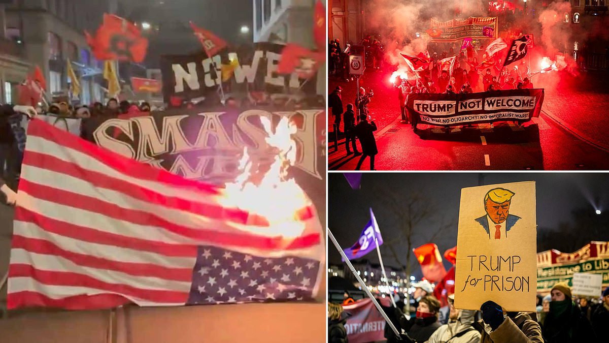 'Trump not welcome': US flags are burned and American companies targeted for vandalism as protesters bring chaos to Zurich ahead of Davos elite gathering