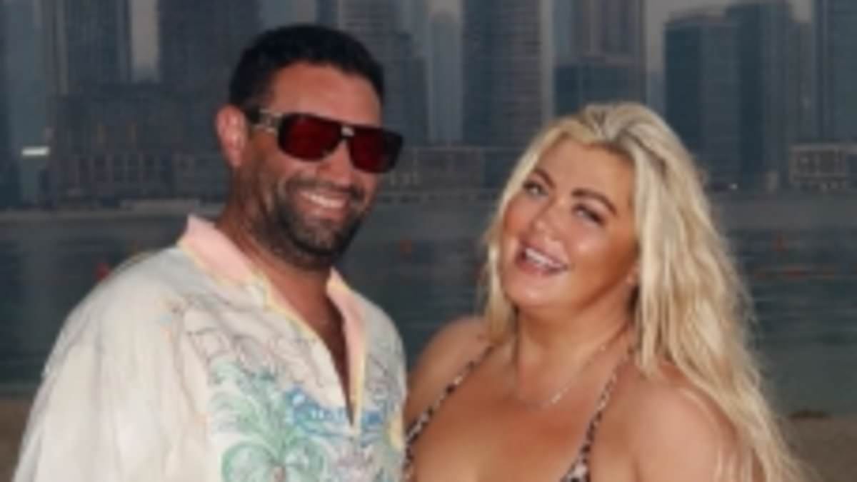 Gemma Collins, 44, shows off her weight loss in a leopard print swimsuit as she hits the beach with fiancé Rami Hawash - after losing 3st and dropping from a size 26 to a size 20