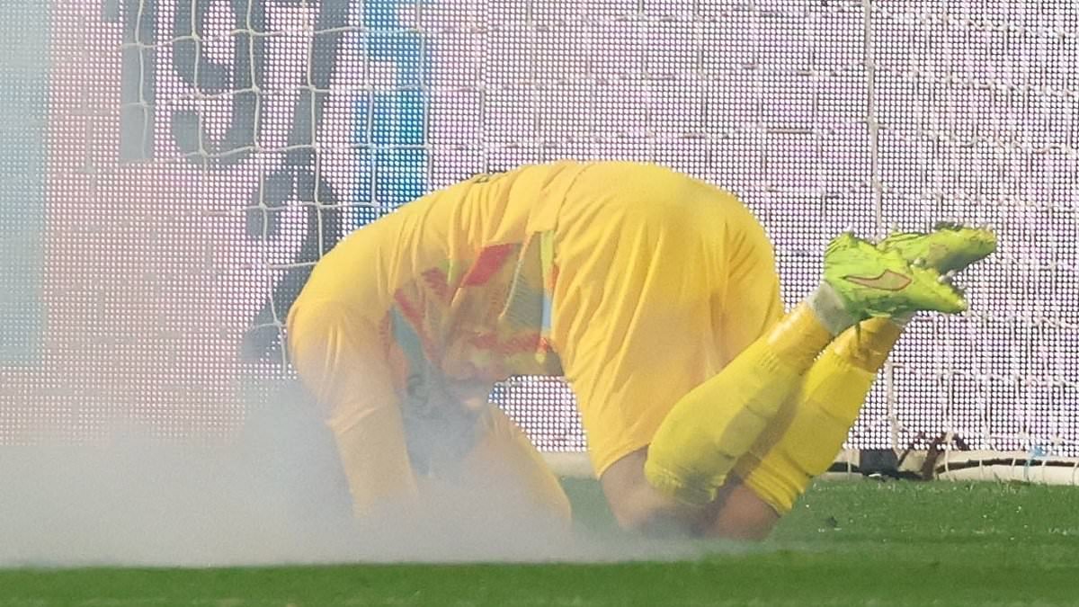 The shocking moment goalkeeper is hit with a FIREWORK in explosion that also saw a fan lose three fingers in game Jamie Vardy was playing in