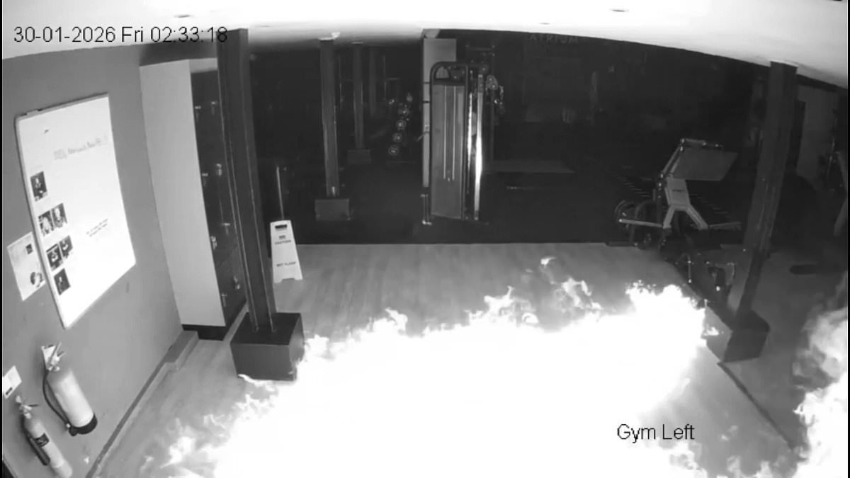 Shocking moment gym goes up in flames after thugs break in, pour petrol through ENTIRE building and set it alight