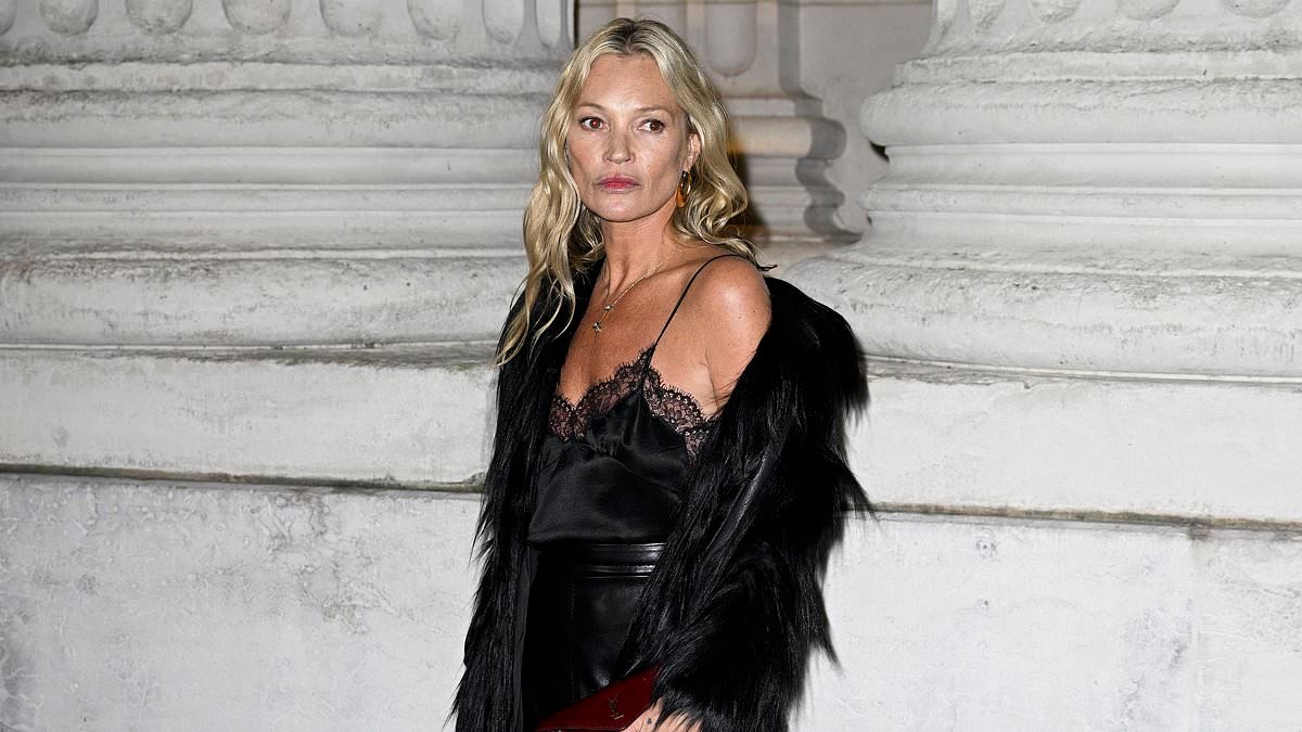 Kate Moss turns heads in a leather skirt and lace camisole while Suki Waterhouse stuns in a plunging backless dress at Saint Laurent's Paris Fashion Week show
