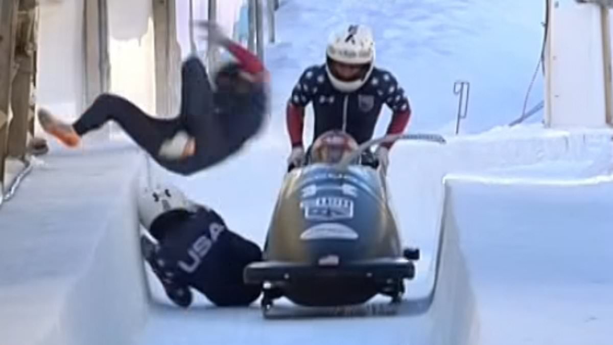 Humiliating moment three US bobsledders fall out of their sled... leaving teammate to complete terrifying solo run