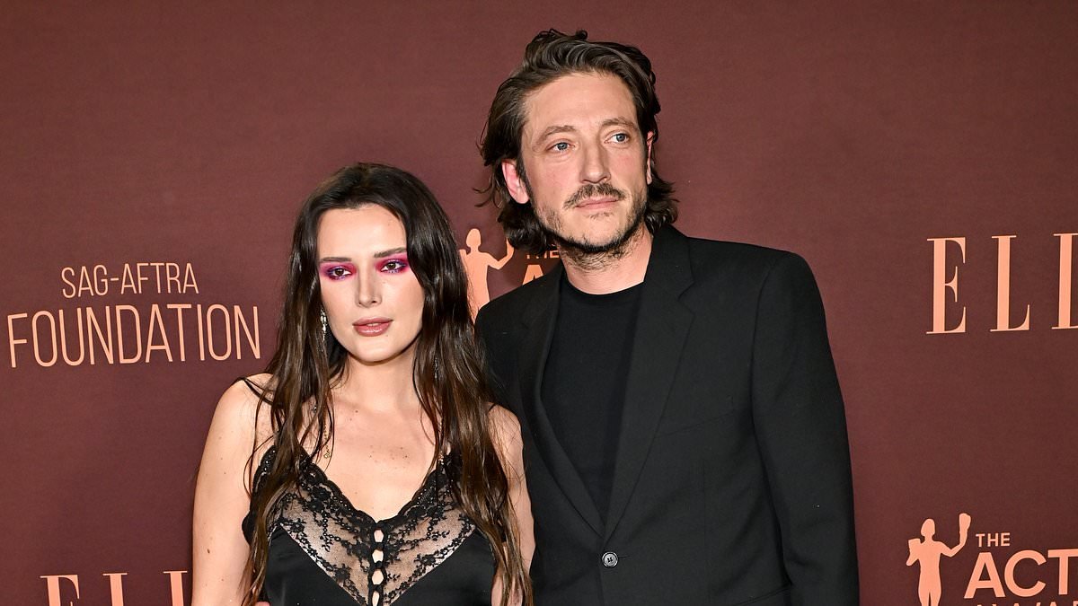 Braless Bella Thorne, 28, stuns in a silky lace dress as she makes rare red carpet appearance with fiancé Mark Emms, 45, at Elle's pre SAG Awards bash