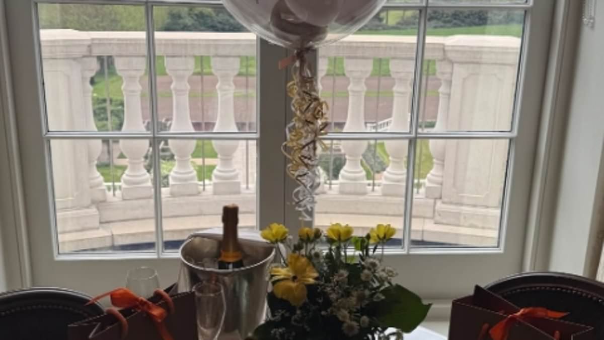 Jack Whitehall gives a glimpse of newlywed life as he celebrates marrying Roxy Horner with gifts, champagne, chocolate and balloons at Prince Harry's favourite country hotel
