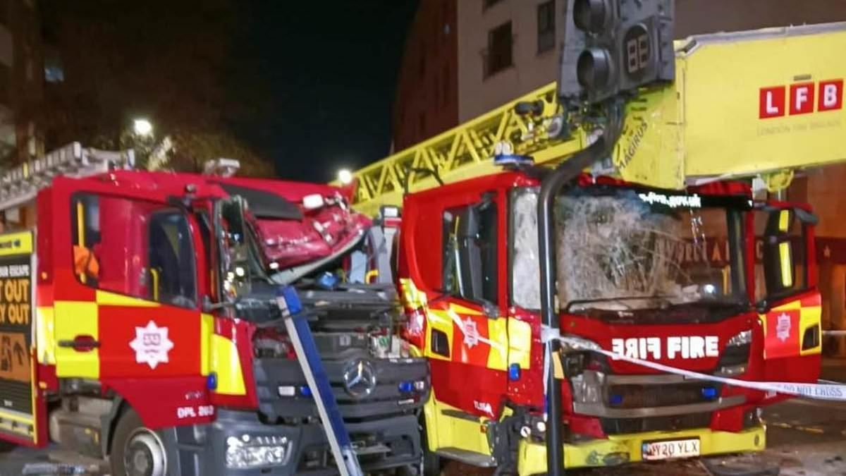 Six people are rushed to hospital after two fire trucks crashed as crews raced to emergency in London