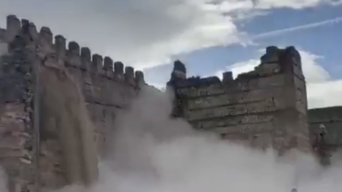 Terrifying moment historic castle in Spain collapses in front of stunned tourists