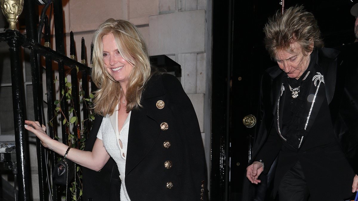 Penny Lancaster, 54, puts on a leggy display in a bouclé mini dress as she joins her husband Sir Rod Stewart, 81, for a date night at Annabel's