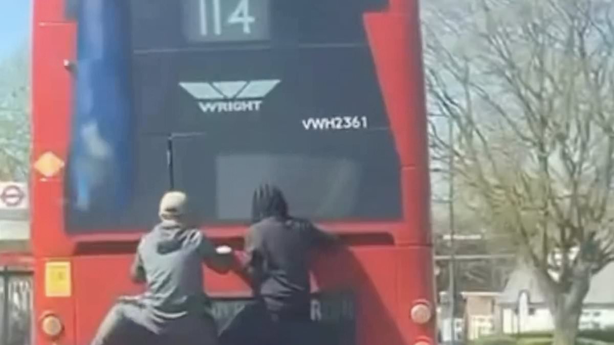 Bus surfing idiots risk their lives by clinging onto back of the Number 114 to avoid paying £1.75 fare