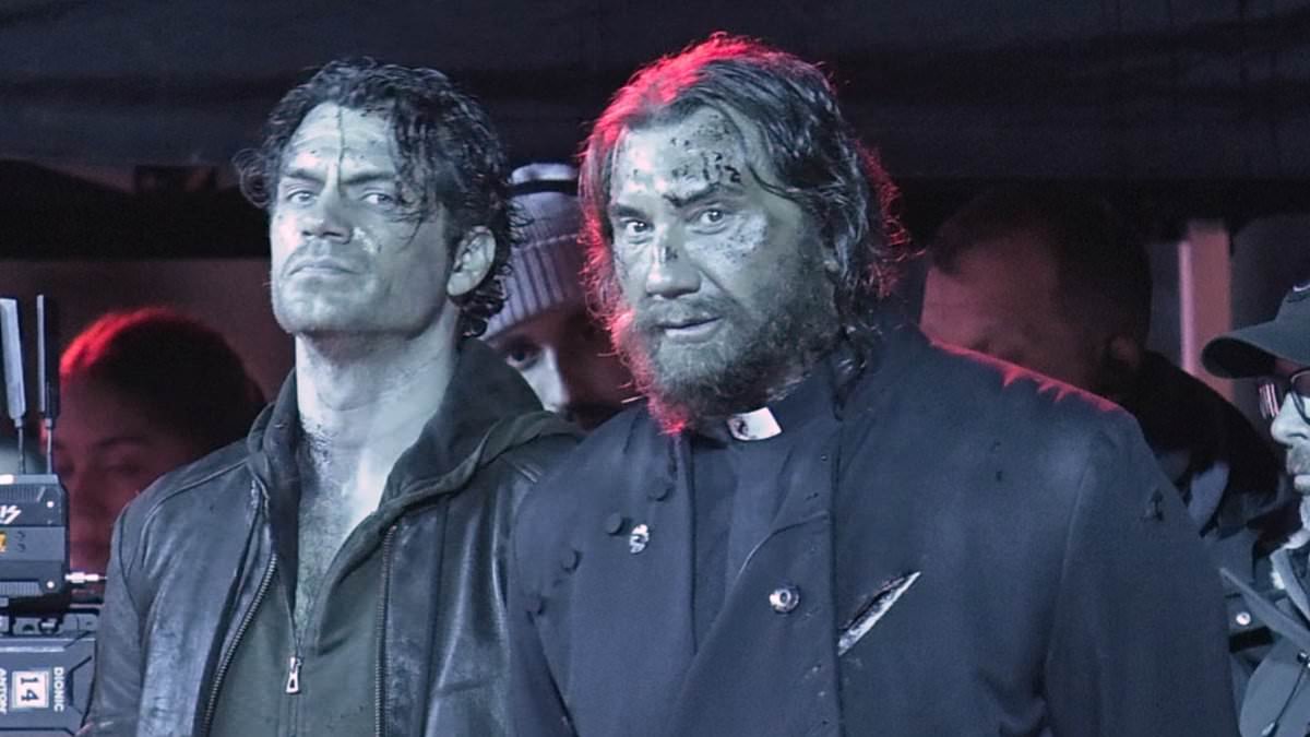 Highlander FIRST LOOK: Henry Cavill returns to set as he joins a blood soaked Dave Bautista for action scenes at Westminster Abbey after his calf injury brought the reboot to a halt