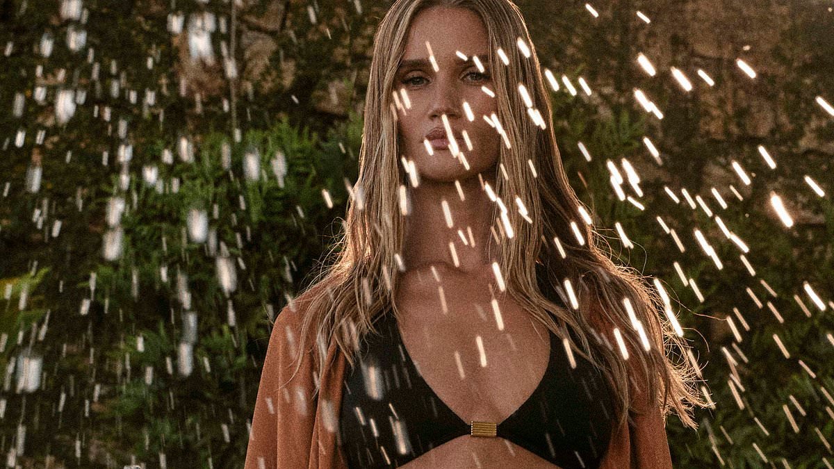Rosie Huntington-Whiteley shows off her supermodel figure in skimpy bikinis and cut-out swimsuits for debut swimwear collection