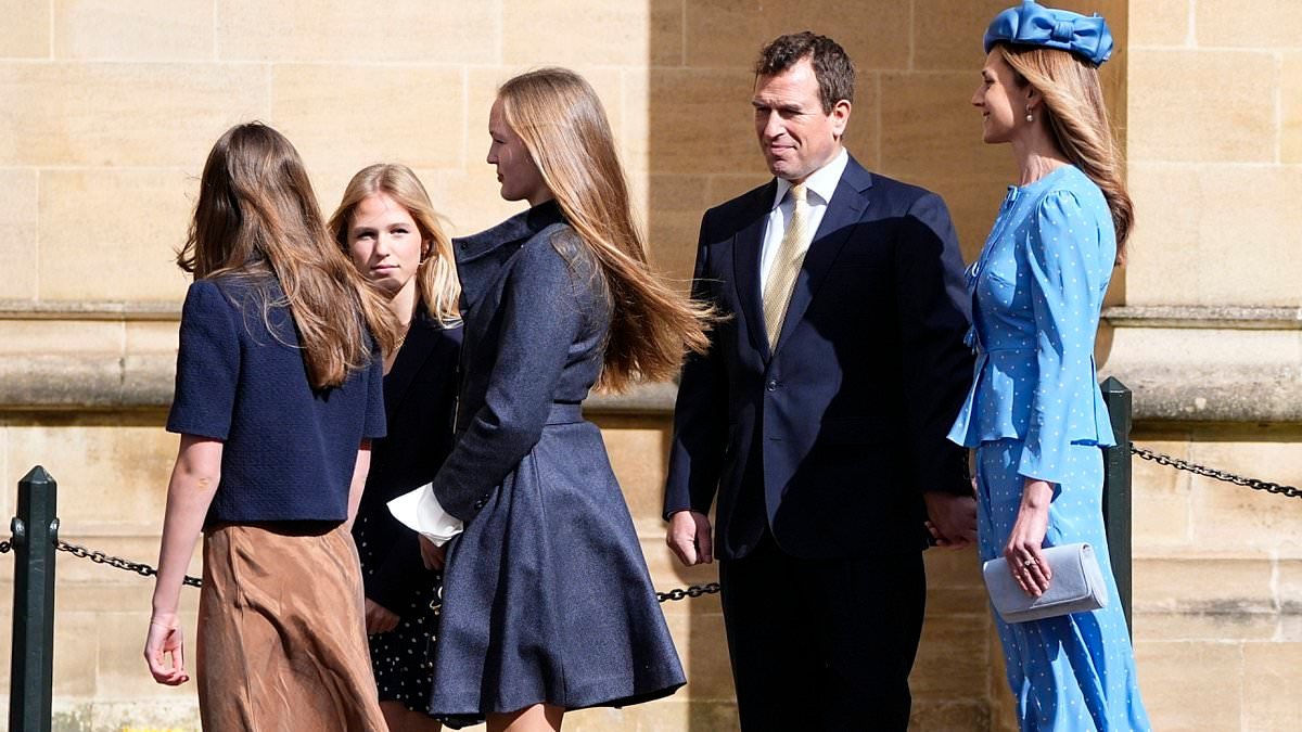 Peter Phillips and his fiancee Harriett Sperling show off their royal blended family with his two daughters and her daughter, 13, in attendance at Windsor Easter service