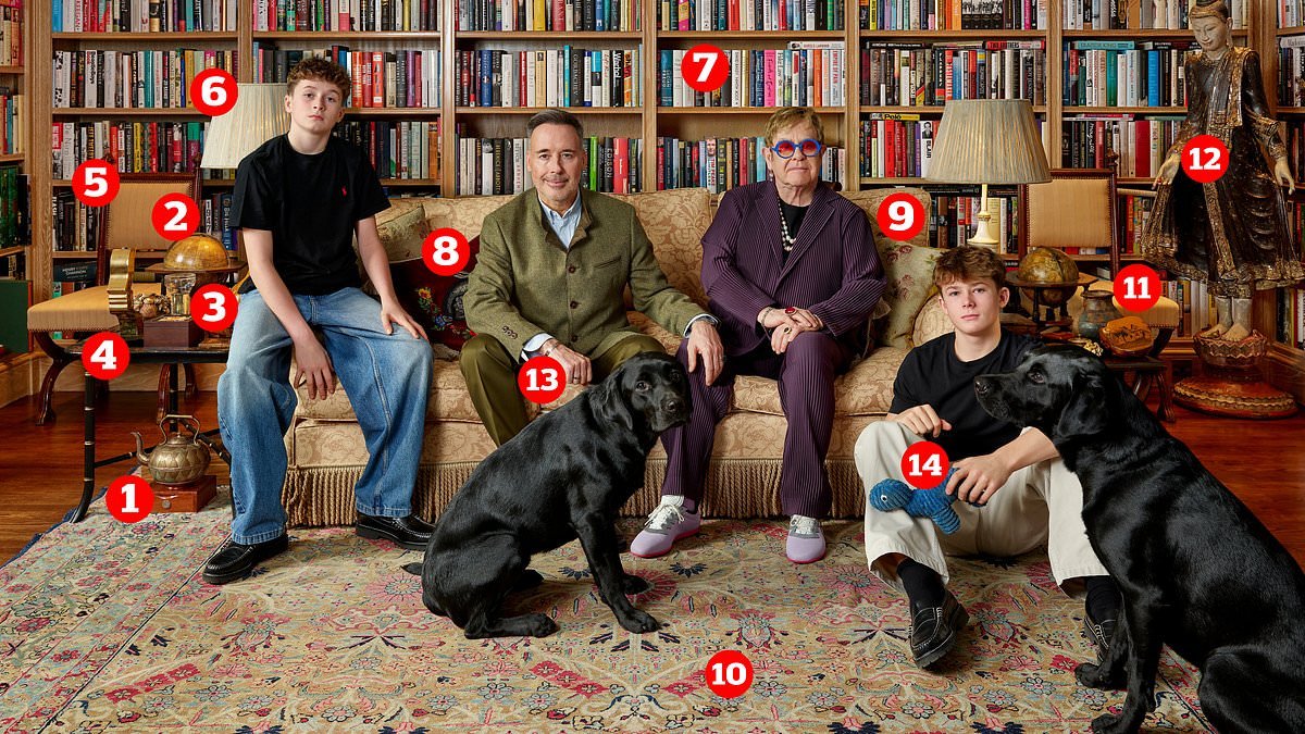 Elton's lavish library: Singer shows off his eclectic taste in new family portrait - from Gucci velvet cushion to Pets At Home toys for his Labradors