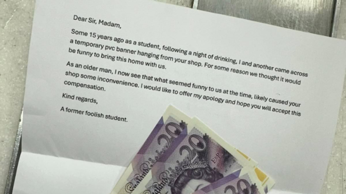 Shop owner receives anonymous apology and £100 in cash 15 years after 'former foolish student' stole sign