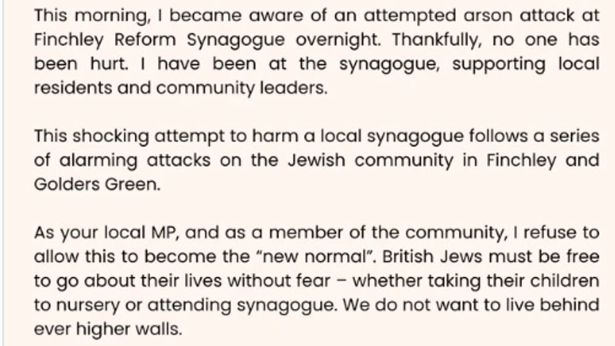 Police investigate 'anti-semitic' arson attack at north London synagogue as balaclava-clad suspects hurl petrol bombs