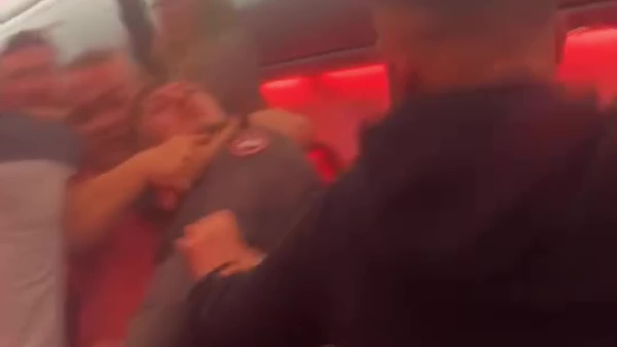 Moment mass brawl breaks out between Brits on flight from Turkey to Manchester, leaving 'blood and teeth on the floor' and forcing plane to divert
