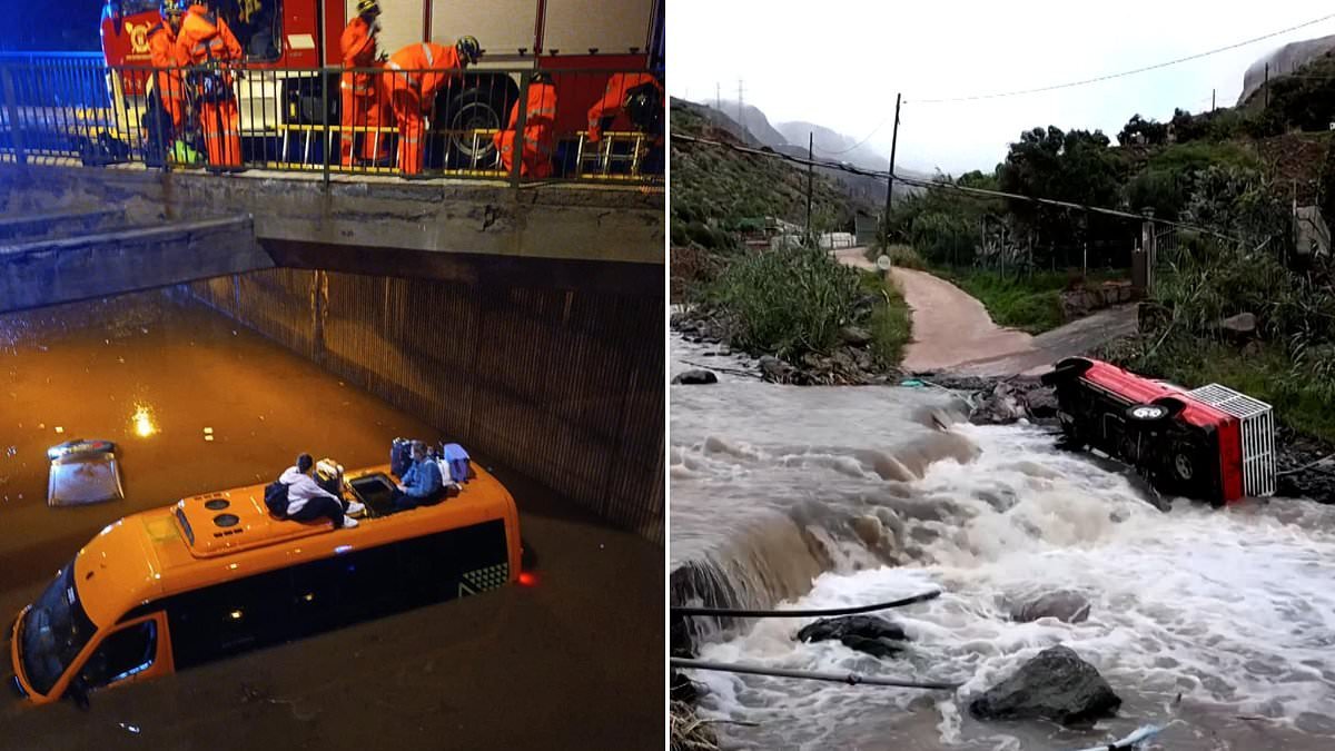 British tourists' terror trapped in Canary Islands storm-flooded tunnel: Holidaymakers scream for help from the roof of their car before firefighters rescue them