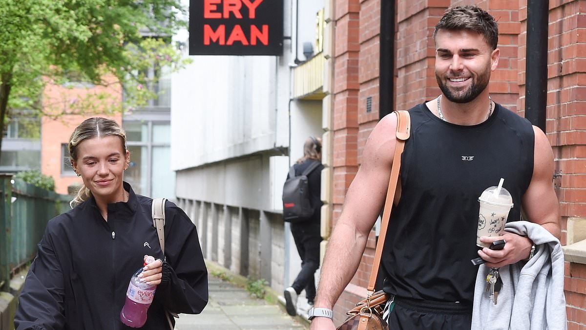 Molly Smith and her fiancé Tom Clare sport matching Louis Vuitton bags and workout gear as they leave a gym class in Manchester ahead of their summer wedding