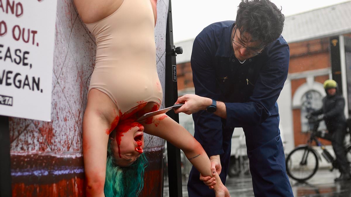 Animal rights protesters PETA startle shoppers as they shackle supporter by her feet outside busy London KFC and pretend to slit her throat in fake blood-drenched demonstration