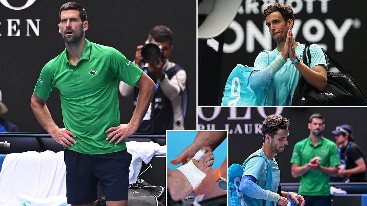 Novak Djokovic's great escape: Serbian star scrapes through to the Australian Open semi-finals after 10-time champion's opponent retires despite taking a two-set lead