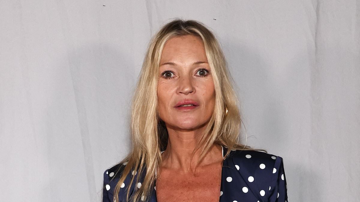 Kate Moss shows off her healthy glow in a conservative polka dot slip dress at the Los Angeles premiere of Sandiwara