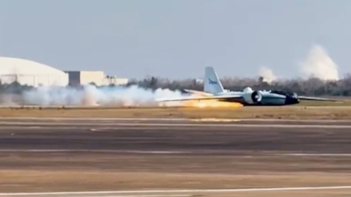 NASA jet erupts in flames as it skids down runway at Houston airport