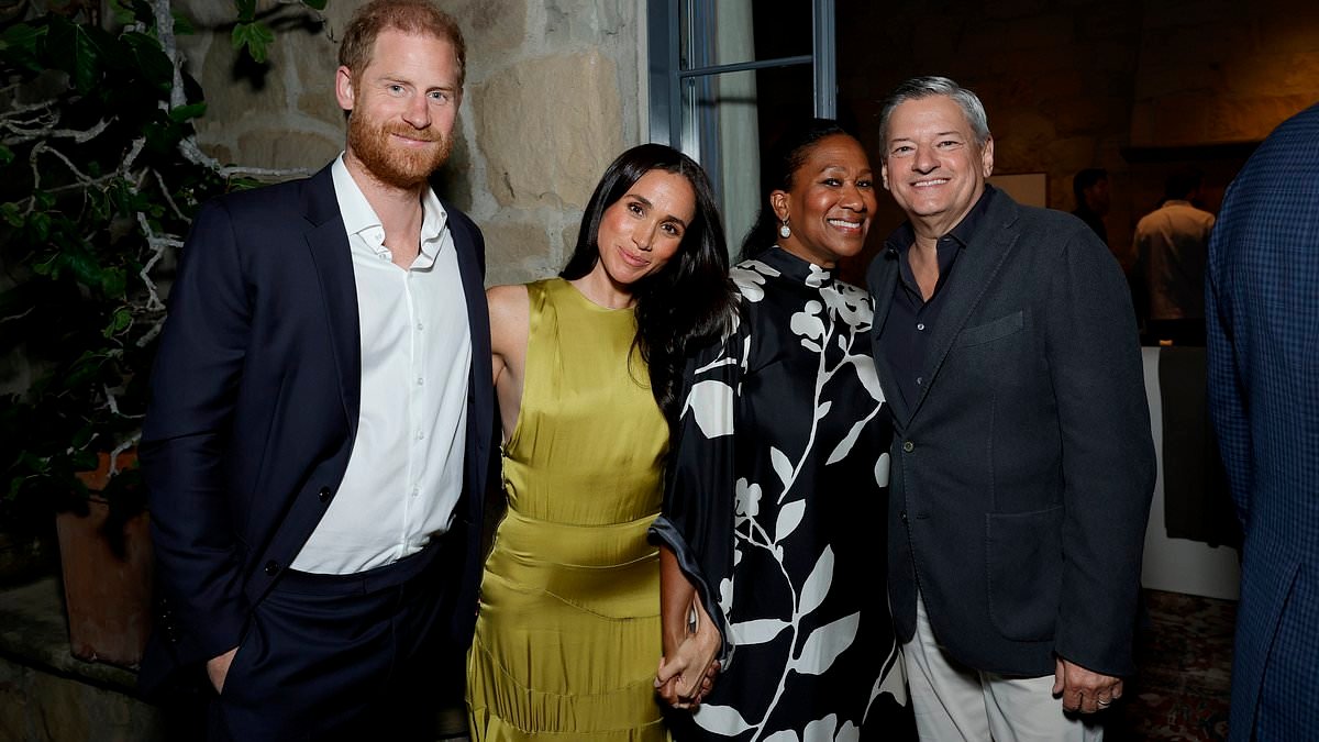 Meghan holds hands with Netflix boss Ted Sarandos' wife as the Sussexes mingle at star-studded party in Montecito