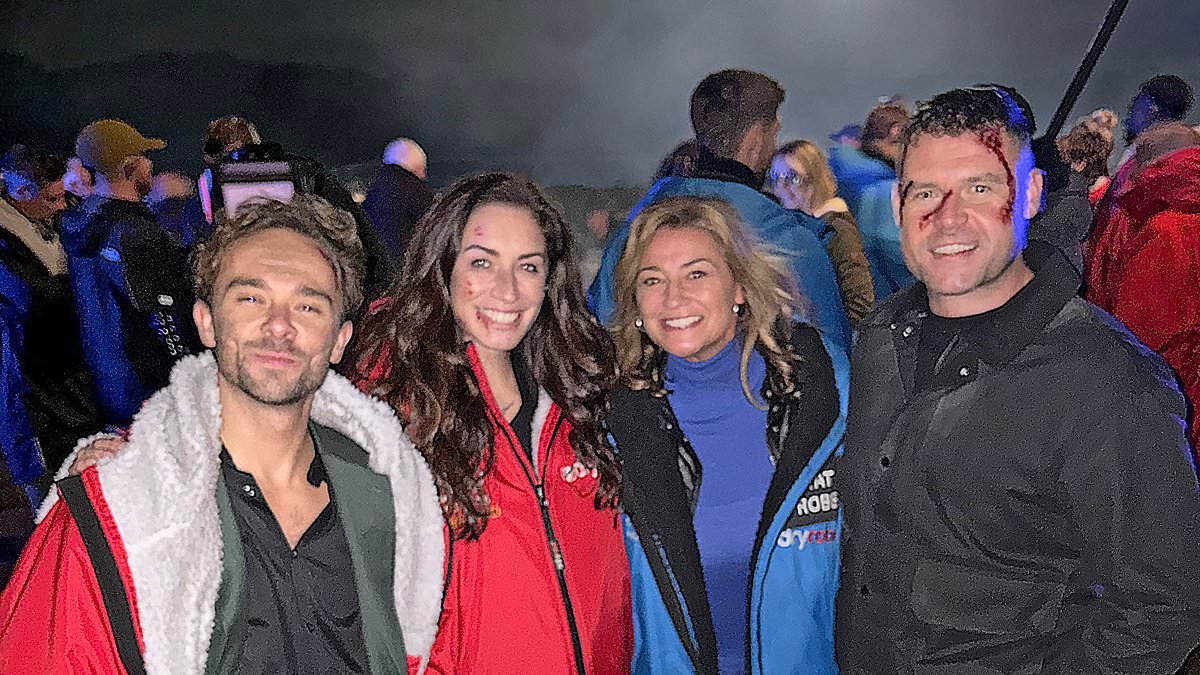 Coronation Street and Emmerdale stars bond during filming for explosive Corriedale special as the two casts come together for the first time for landmark soap crossover