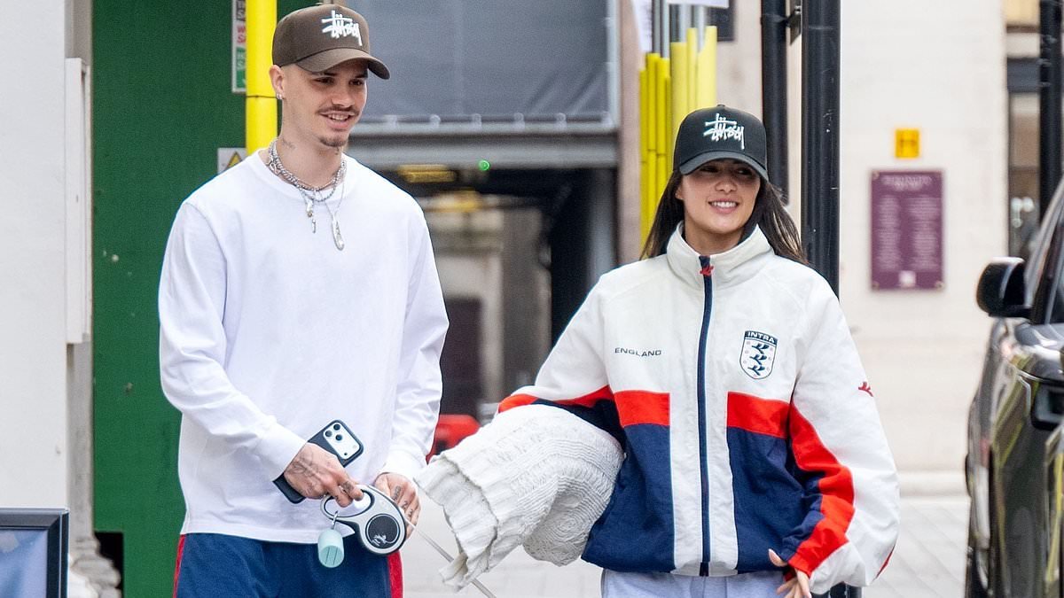 Romeo Beckham's girlfriend Kim Turnbull sports dazzling diamond ring on her wedding finger as couple enjoy loved-up lunch date