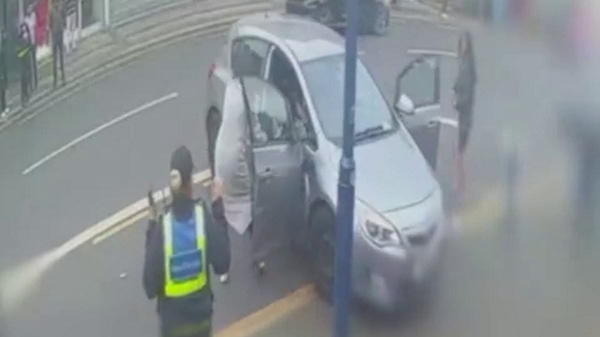 Moment raging motorist mounted pavement before ploughing into passer-by in furious row sparked by a parking ticket