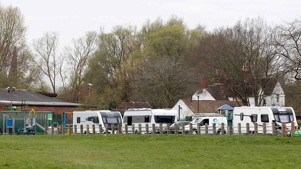 Parents' fury as 'intimidating' fleet of caravans pitch up next to playground popular with families ahead of Easter Bank Holiday
