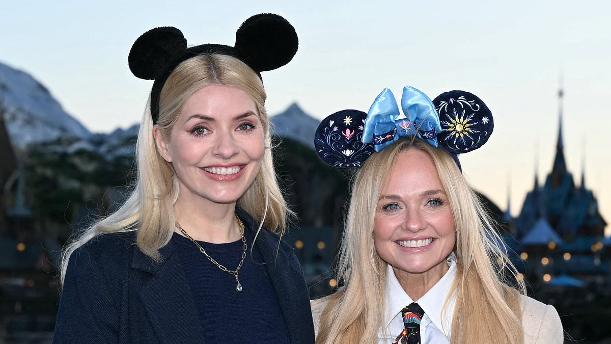 Emma Bunton and Holly Willoughby wear Mickey Mouse ears as they lead the stars at the launch of Disneyland Paris' World of Frozen