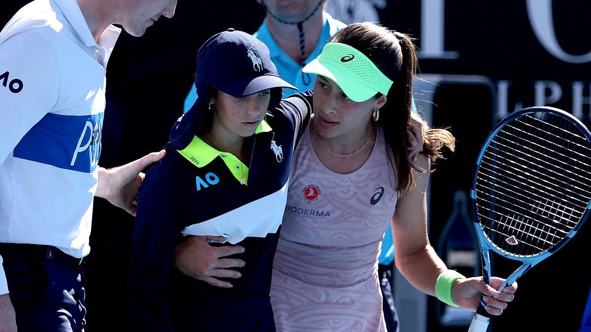 Worrying moment another ball kid collapses at the Australian Open, as hero tennis star is praised for rushing to the youngster's aid: 'Big respect'