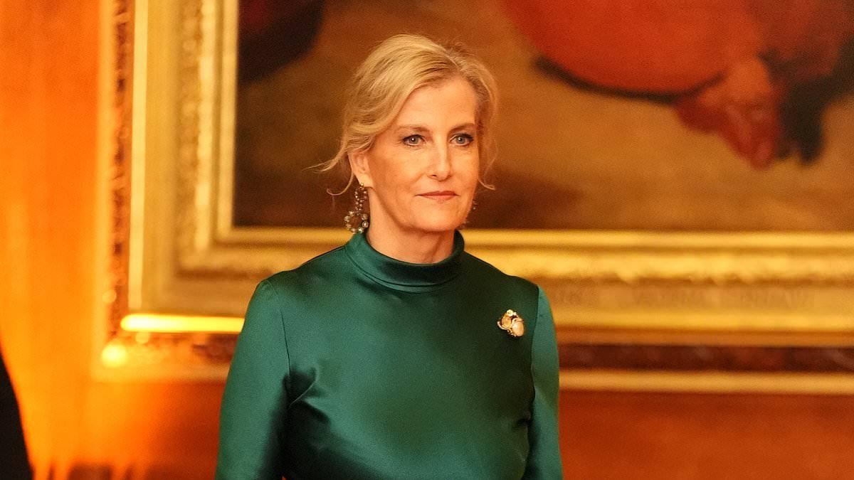 King's green queen! Sophie brings the glamour in Kate's absence as she dazzles in an emerald Galvan gown and mingles with A-listers at Charles's film premiere