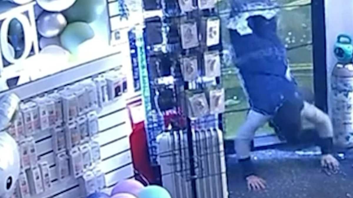Moment bungling burglar gets STUCK in hole in glass door, leaving blood and fingerprints smeared on it during chaotic break in at town shop