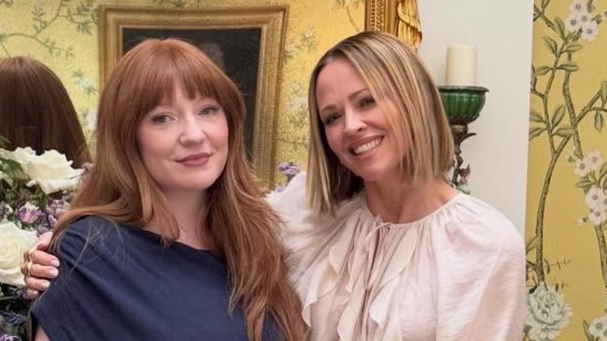 Pregnant Nicola Roberts shows off her bump as she reunites with Girls Aloud bandmate Kimberley Walsh to celebrate her impending arrival with a Bridgerton-themed baby shower