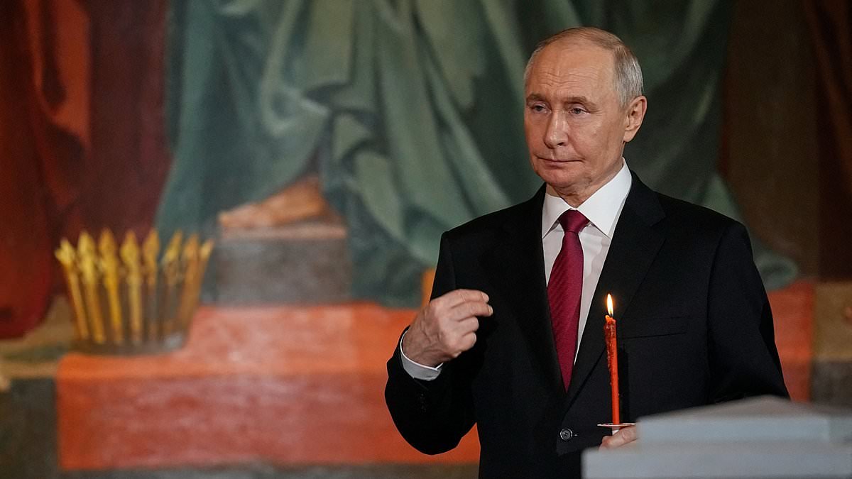 Moment Putin strolls into Easter Sunday service in Moscow - as Elon Musk's father watches on - after 'breaking Kremlin-declared ceasefire'