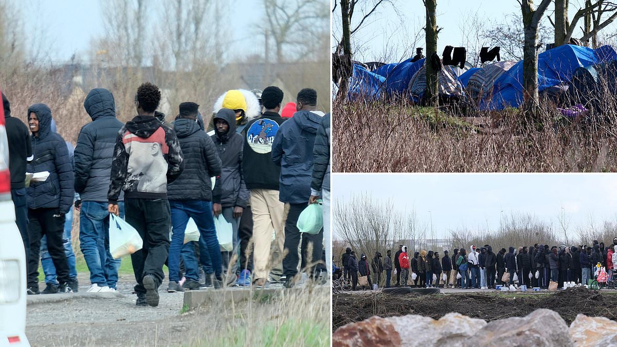 Calais' Muslim migrants queue for hundreds of Ramadan food packs handed out by British charity, infuriating locals who say they are drawing them to the area for boat crossings