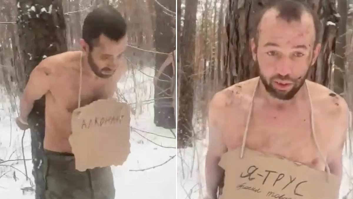 Russian commander strips 'idiots, alcoholics and cowards' and ties them to trees in the snow as part of brutal punishment for leaving their posts