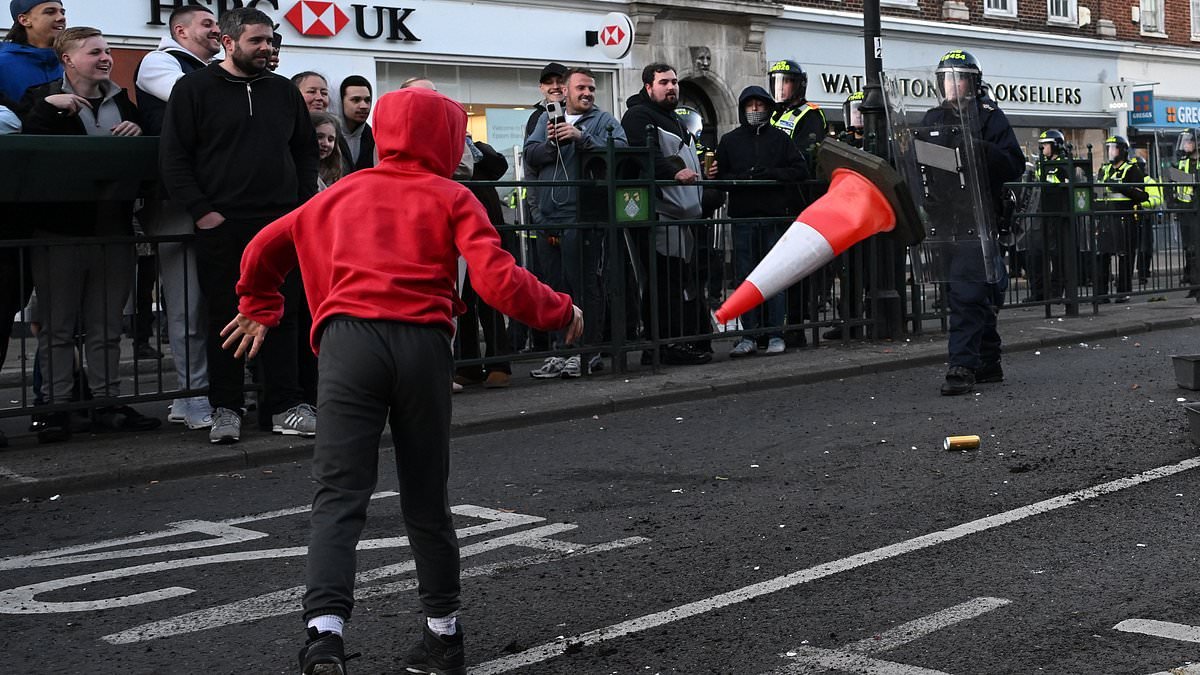 Moment children hurl missiles at police in Epsom amid demands for description of gang-rape suspects