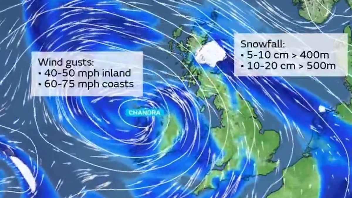 Britain braces for Storm Chandra: Roads and schools close as 80mph winds, torrential rain and snow batter the UK