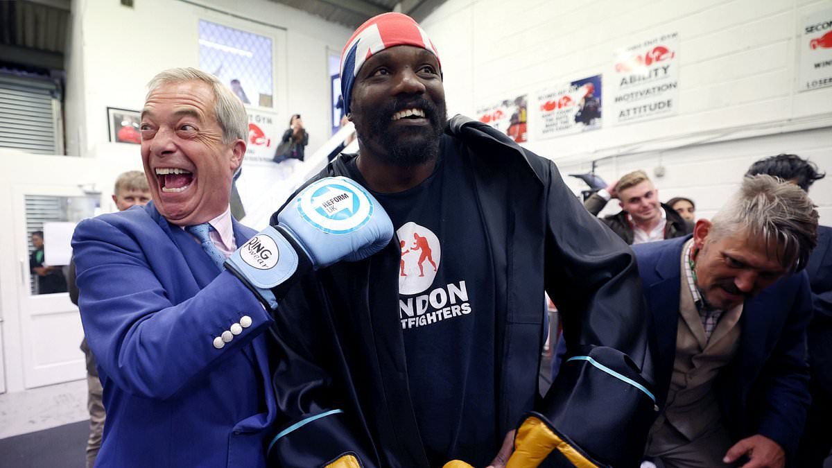 Derek Chisora arrives at Deontay Wilder press conference in a TANK alongside Reform leader and friend Nigel Farage