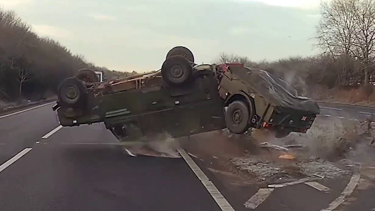 Moment military Land Rover flips into the air and throws driver out of his vehicle after he was forced to swerve out the way of reckless motorist