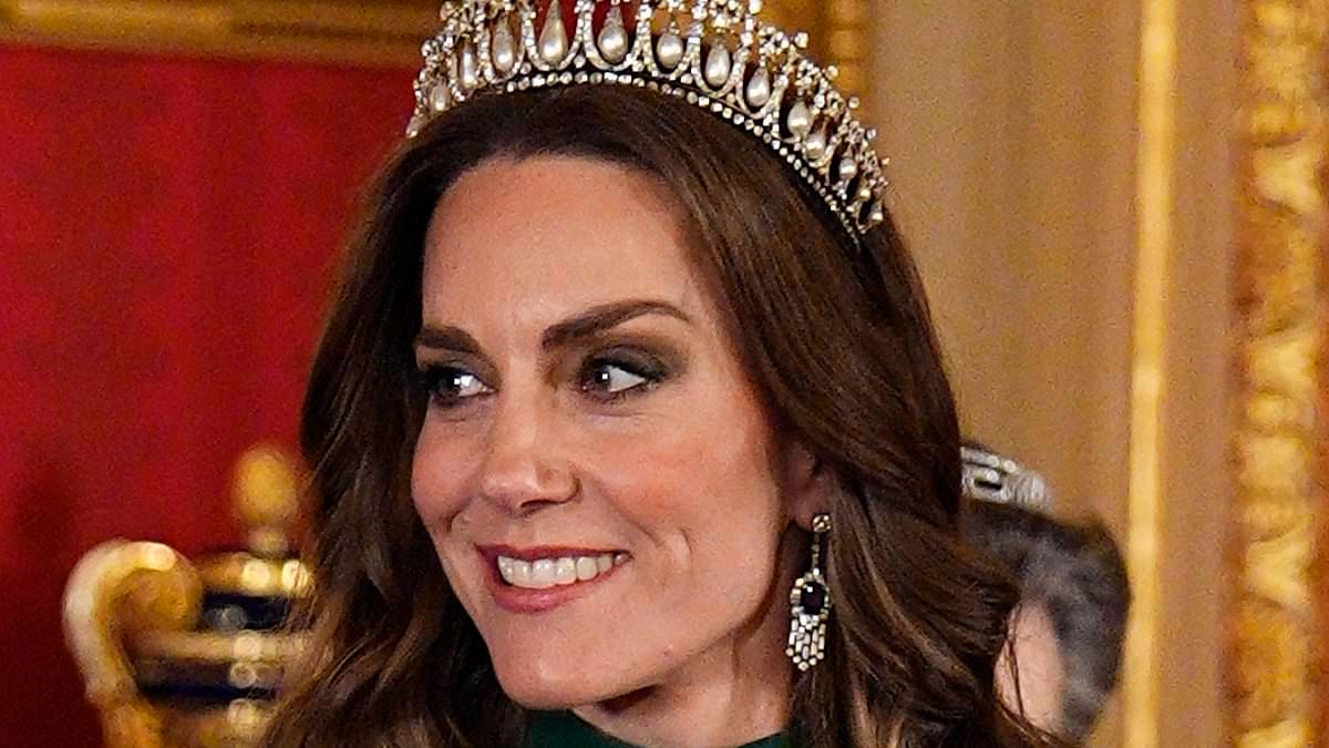 Princess Kate dons her favourite tiara and the late Queen's earrings as she arrives at King's banquet for the Nigerian President in country's first state visit in almost 40 years