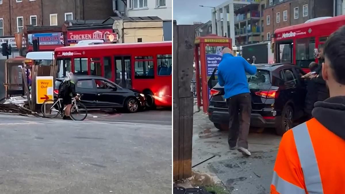 Moment drunken road rage driver rams into fence and then bus after petrol station stand-off - before being stopped by have-a-go heroes